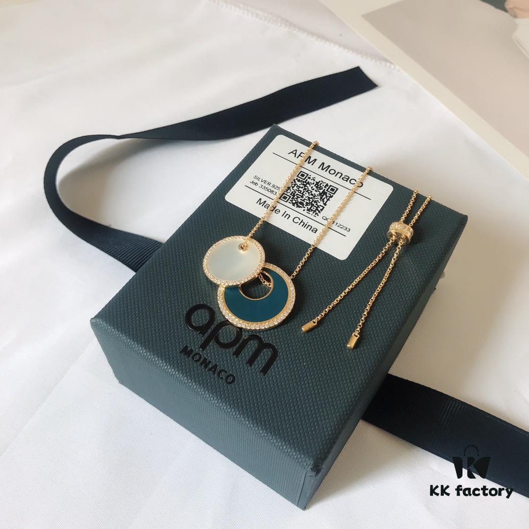 APM Monaco Navy Enamel and White Mother-of-Pearl Necklace, Minimalist Retro Elegant High-End Pendant