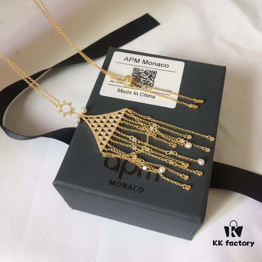 APM Monaco Triangle Tassel Long Necklace, Fashionable and Unique Pendant Chain for Sweaters or Collarbone Style