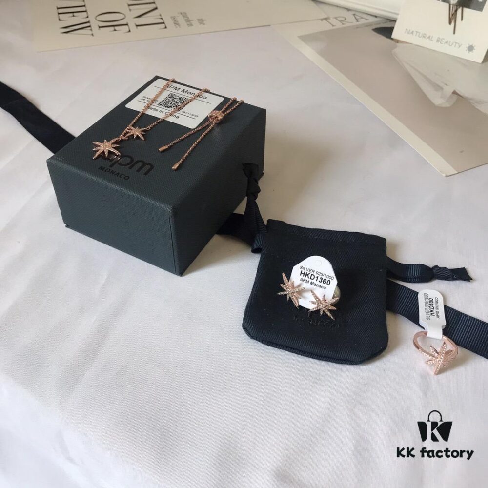 APM Monaco Rose Gold Union Jack Necklace, Stud Earrings, and Ring Set