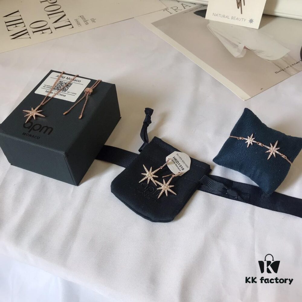 APM Monaco Rose Gold Union Flag Necklace, Stud Earrings, and Bracelet Original Set