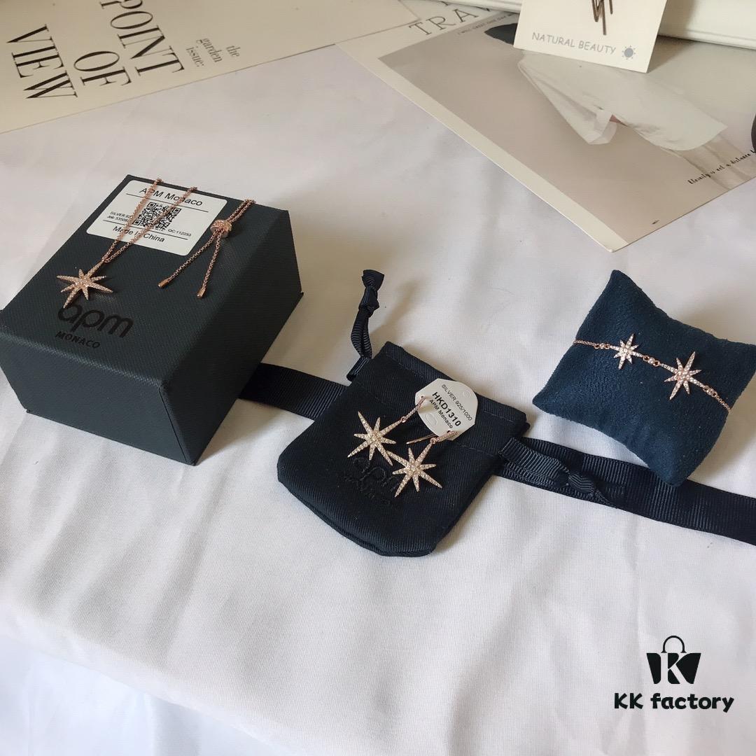 APM Monaco Rose Gold Union Flag Necklace, Stud Earrings, and Bracelet Original Set