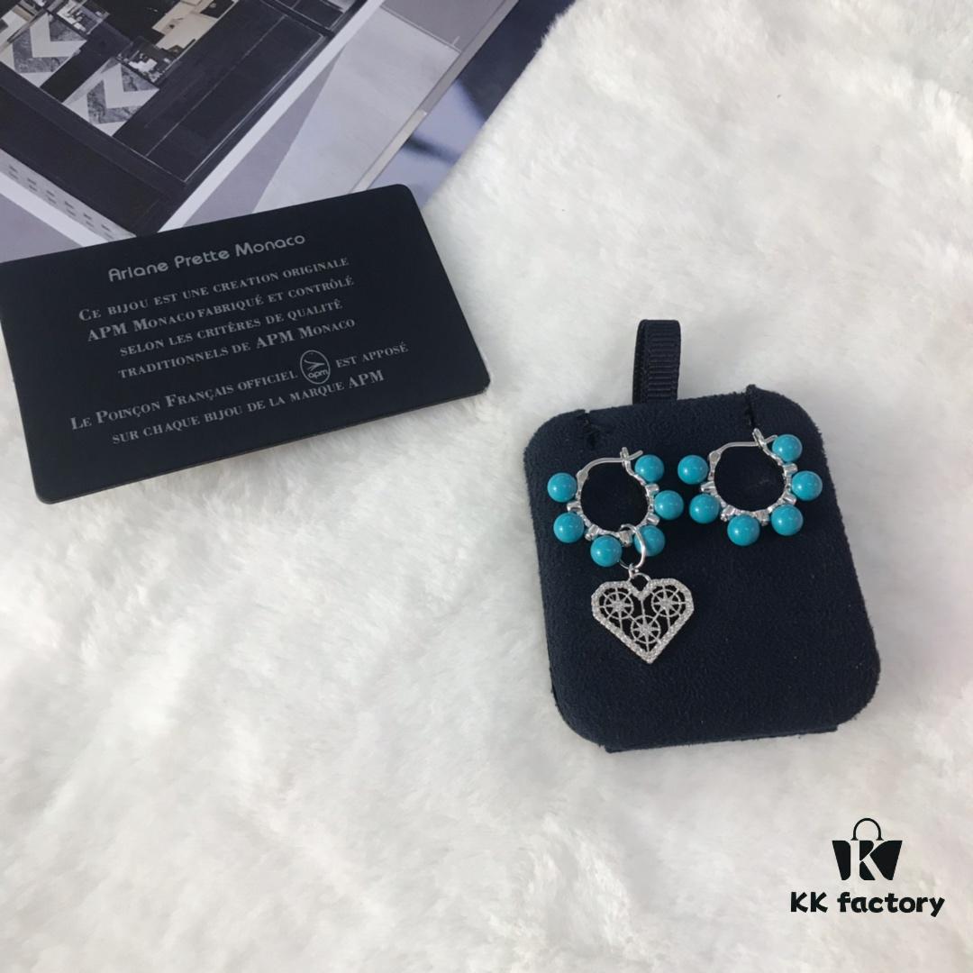 APM Monaco Asymmetrical Turquoise Pearl Openwork Heart Stud Earrings with Crystal-Inlaid Turquoise Earrings