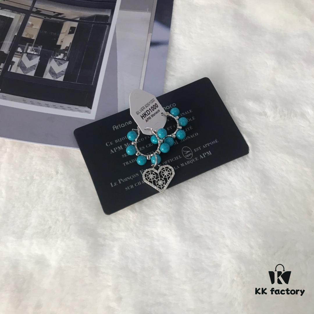 APM Monaco Asymmetrical Turquoise Pearl Openwork Heart Stud Earrings with Crystal-Inlaid Turquoise Earrings