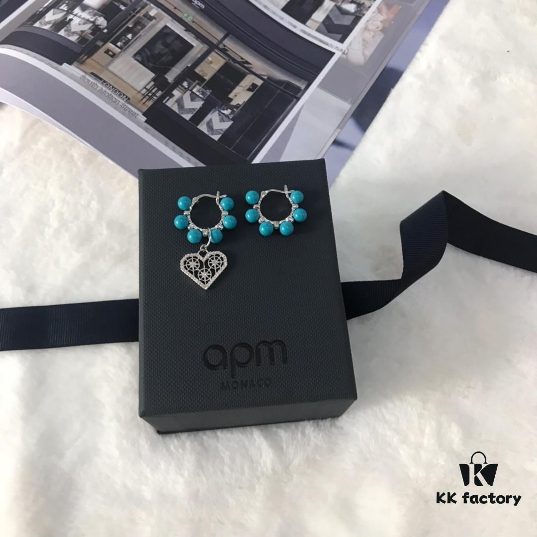 APM Monaco Asymmetrical Turquoise Pearl Openwork Heart Stud Earrings with Crystal-Inlaid Turquoise Earrings