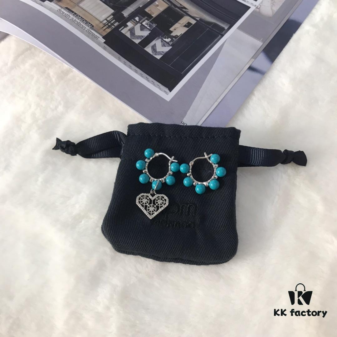 APM Monaco Asymmetrical Turquoise Pearl Openwork Heart Stud Earrings with Crystal-Inlaid Turquoise Earrings