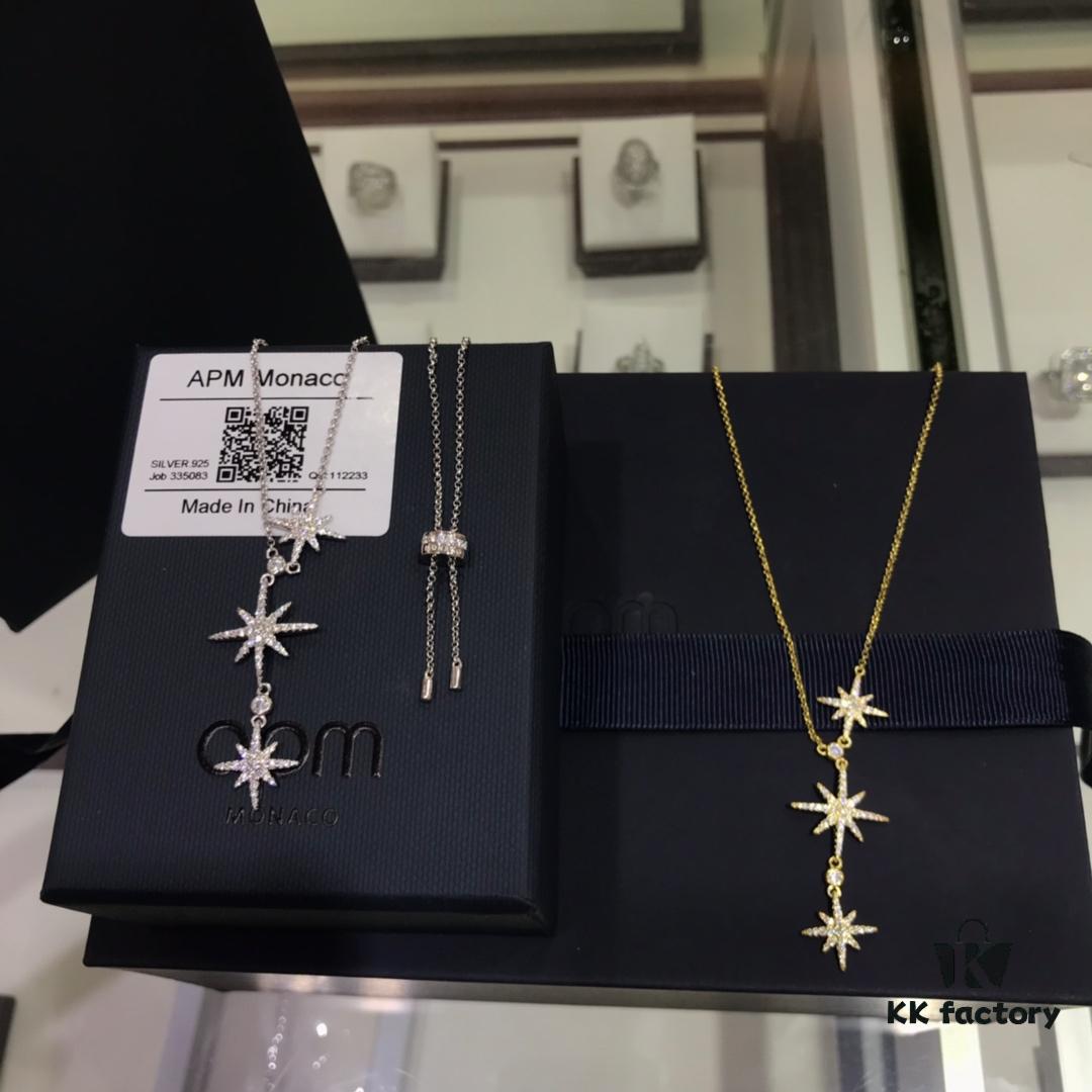 APM Monaco Hexagram Necklace with Crystals, Triple and Double Shooting Stars Pendant, Delicate Collarbone Chain, Elegant and Minimalist Design, Versatile and Stylish