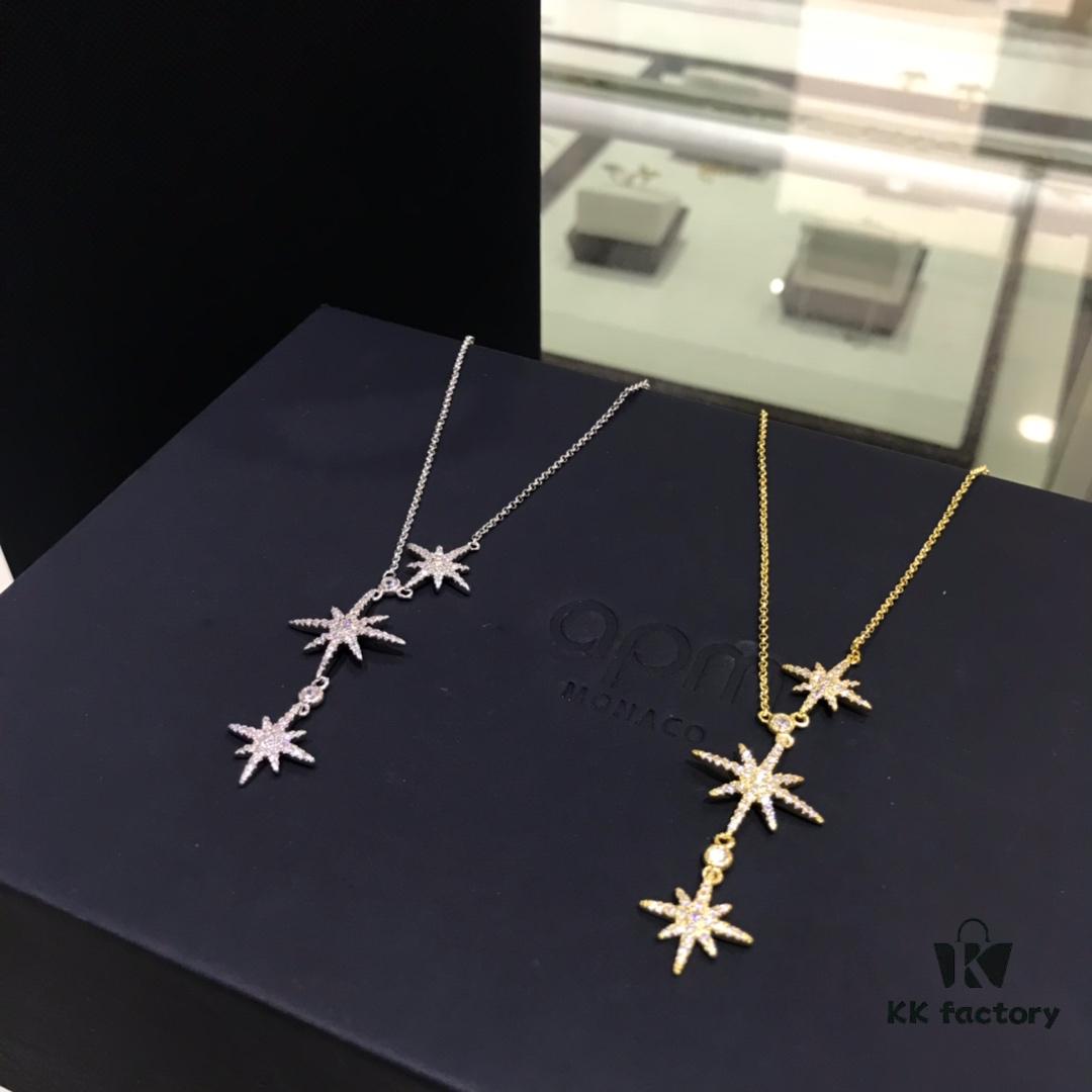 APM Monaco Hexagram Necklace with Crystals, Triple and Double Shooting Stars Pendant, Delicate Collarbone Chain, Elegant and Minimalist Design, Versatile and Stylish