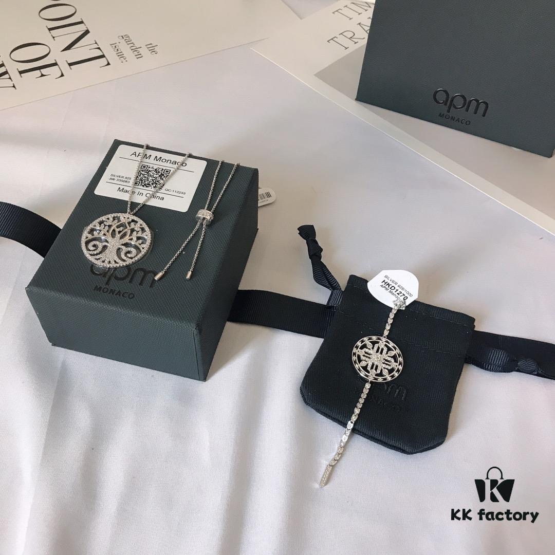 APM Monaco Tree of Life Necklace Choker Sweater Chain with Round Pendant and Matching Earrings, Stylish and Fashionable Set