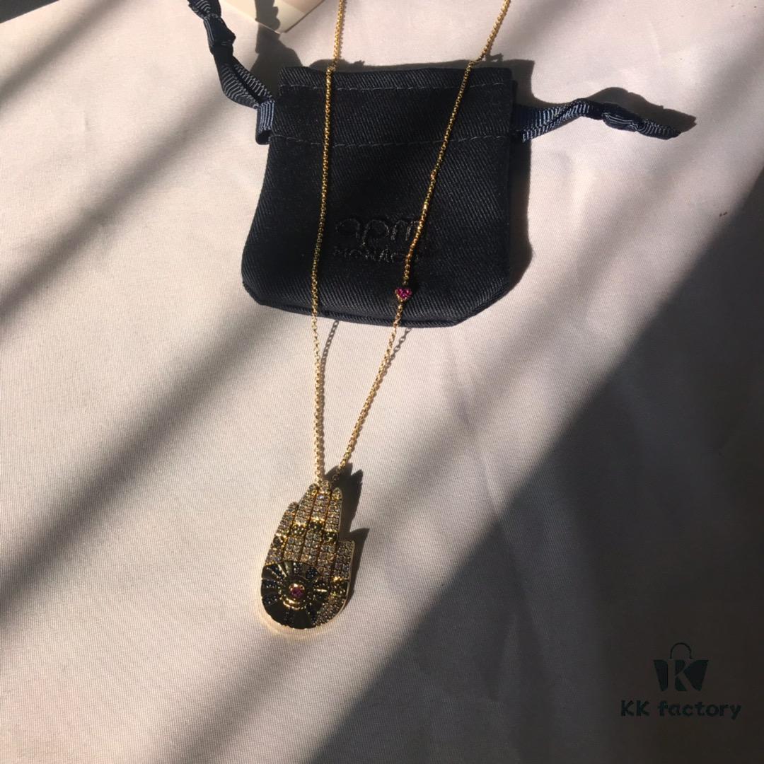 APM Monaco Diamond-Encrusted Lucky Hand Necklace, Fashionable and Unique Pendant for Sweaters, Collarbone Chain