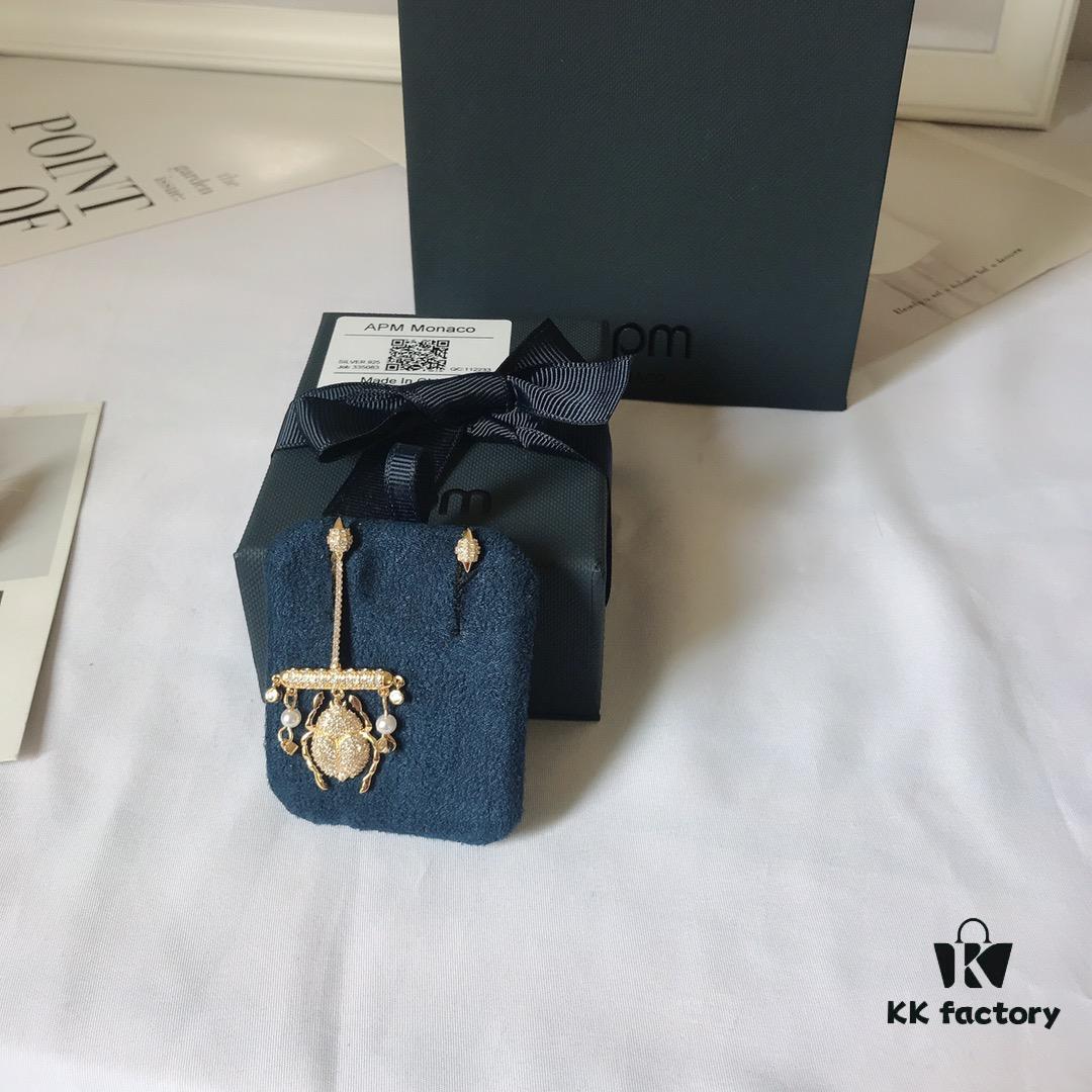 APM Monaco Gold-Tone Scarab Asymmetrical Earrings for Women, Pearl Earrings, Vintage Style Dangle Earrings