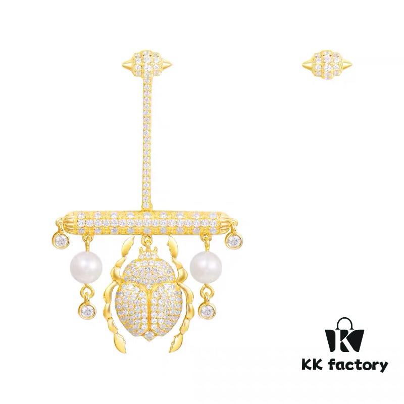 APM Monaco Gold-Tone Scarab Asymmetrical Earrings for Women, Pearl Earrings, Vintage Style Dangle Earrings