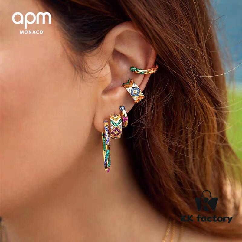 APM Monaco Single Colorful Geometric Earring for Women, Golden Elegant High-End Ear Cuff Jewelry in Silver Tone