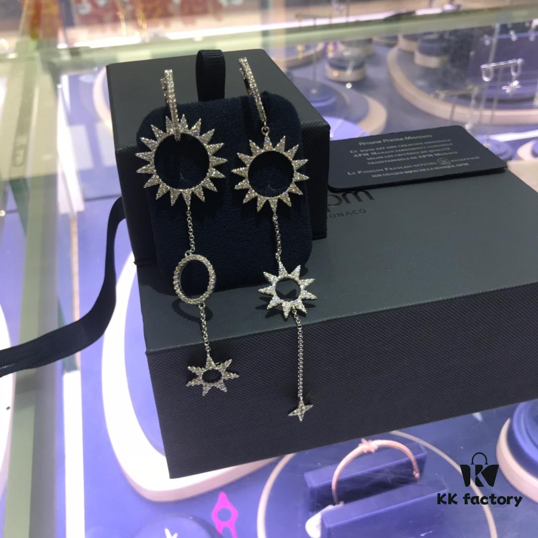 APM Monaco Crystal-Encrusted Golden Gear Sunflower Asymmetric Earrings, Punk Style Ear Drops