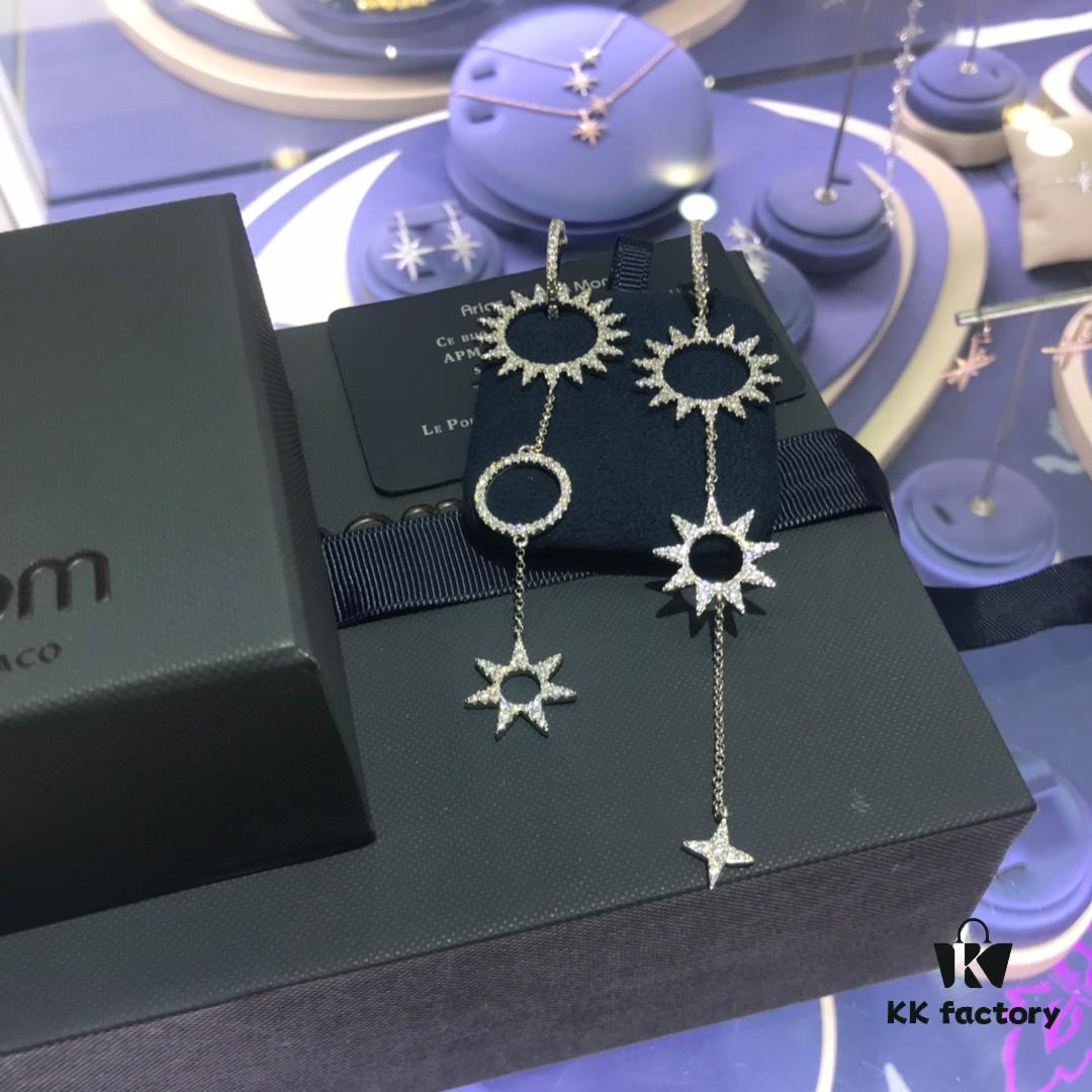 APM Monaco Crystal-Encrusted Golden Gear Sunflower Asymmetric Earrings, Punk Style Ear Drops