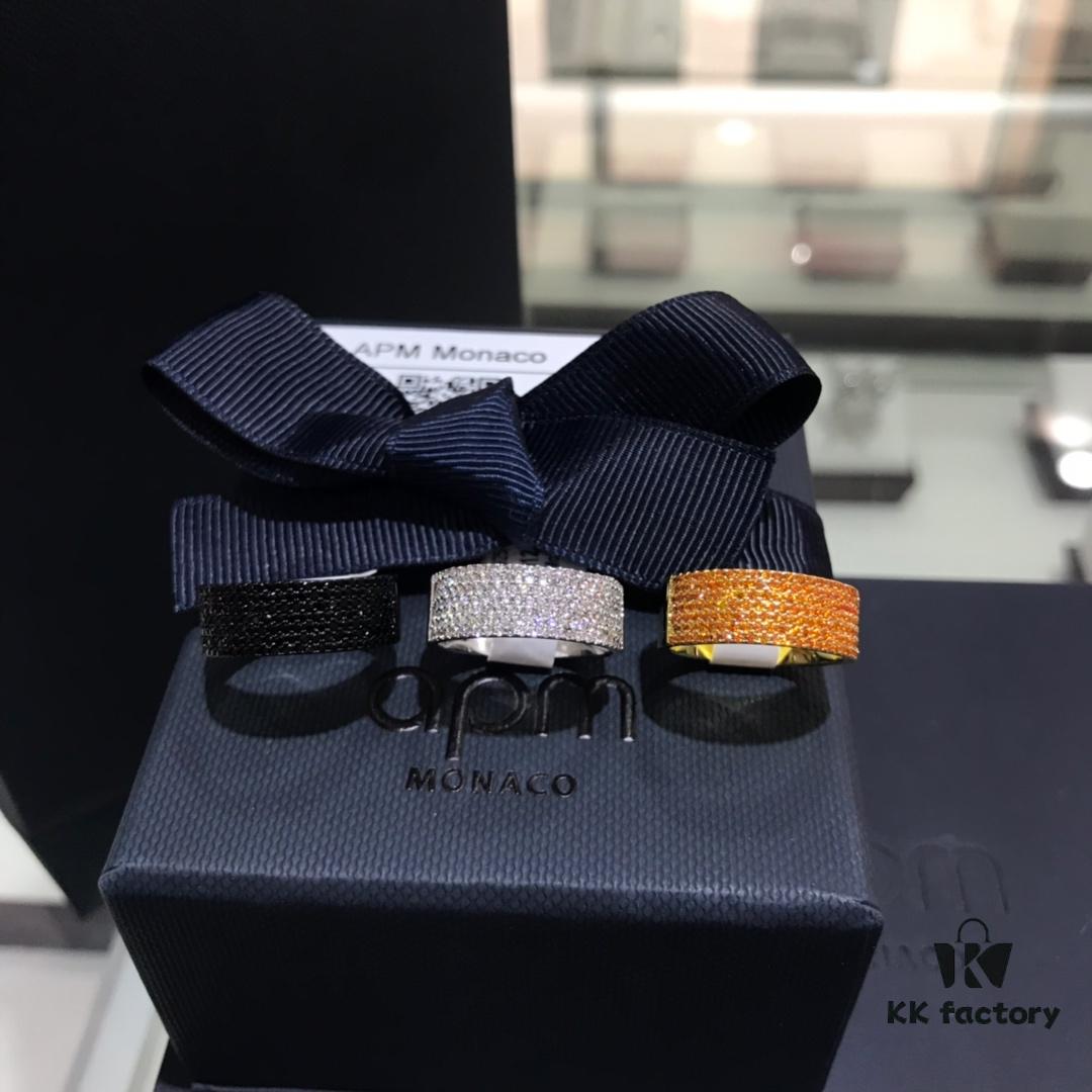 APM Monaco Black Silver Yellow Diamond-Encrusted Ring, Wide Band Minimalist Fashion Ring, Unisex Cool and Stylish, Trendy Korean Style, Versatile Design