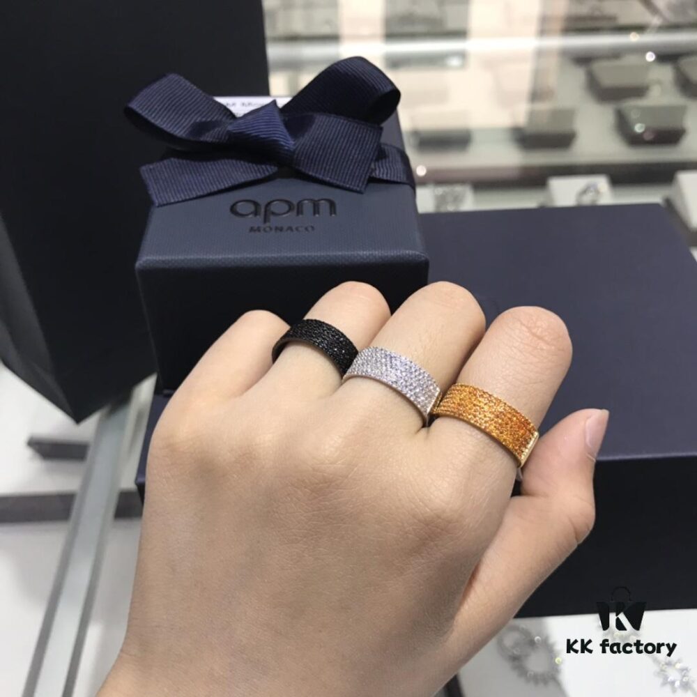 APM Monaco Black Silver Yellow Diamond-Encrusted Ring, Wide Band Minimalist Fashion Ring, Unisex Cool and Stylish, Trendy Korean Style, Versatile Design