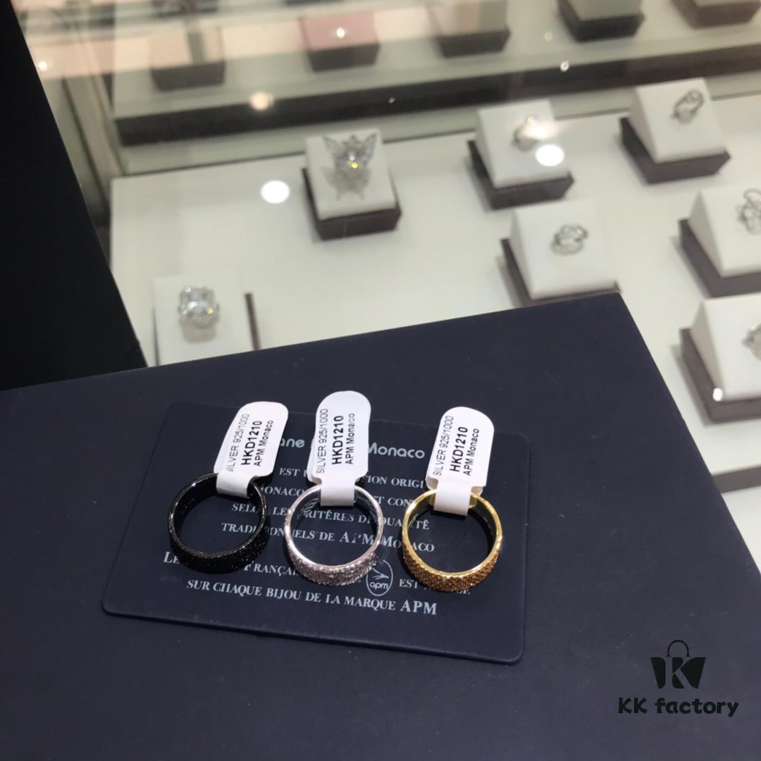 APM Monaco Black Silver Yellow Diamond-Encrusted Ring, Wide Band Minimalist Fashion Ring, Unisex Cool and Stylish, Trendy Korean Style, Versatile Design