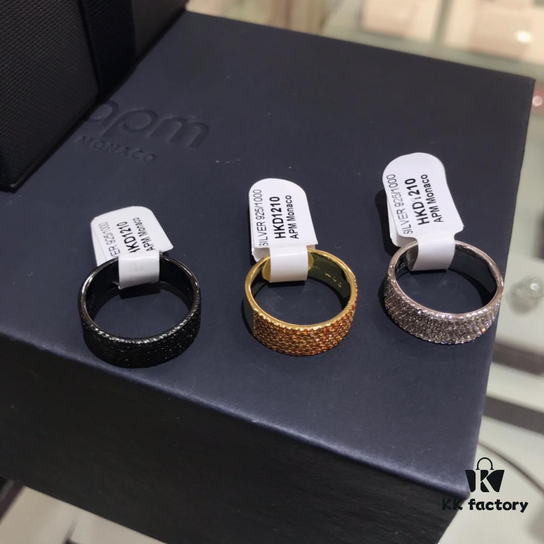 APM Monaco Black Silver Yellow Diamond-Encrusted Ring, Wide Band Minimalist Fashion Ring, Unisex Cool and Stylish, Trendy Korean Style, Versatile Design