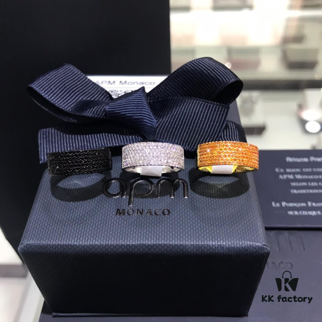 APM Monaco Black Silver Yellow Diamond-Encrusted Ring, Wide Band Minimalist Fashion Ring, Unisex Cool and Stylish, Trendy Korean Style, Versatile Design