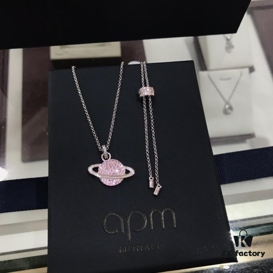 APM Monaco Cosmic Collection Saturn Planet Pink Stud Earrings and Necklace, Rhinestone, Stylish and Versatile