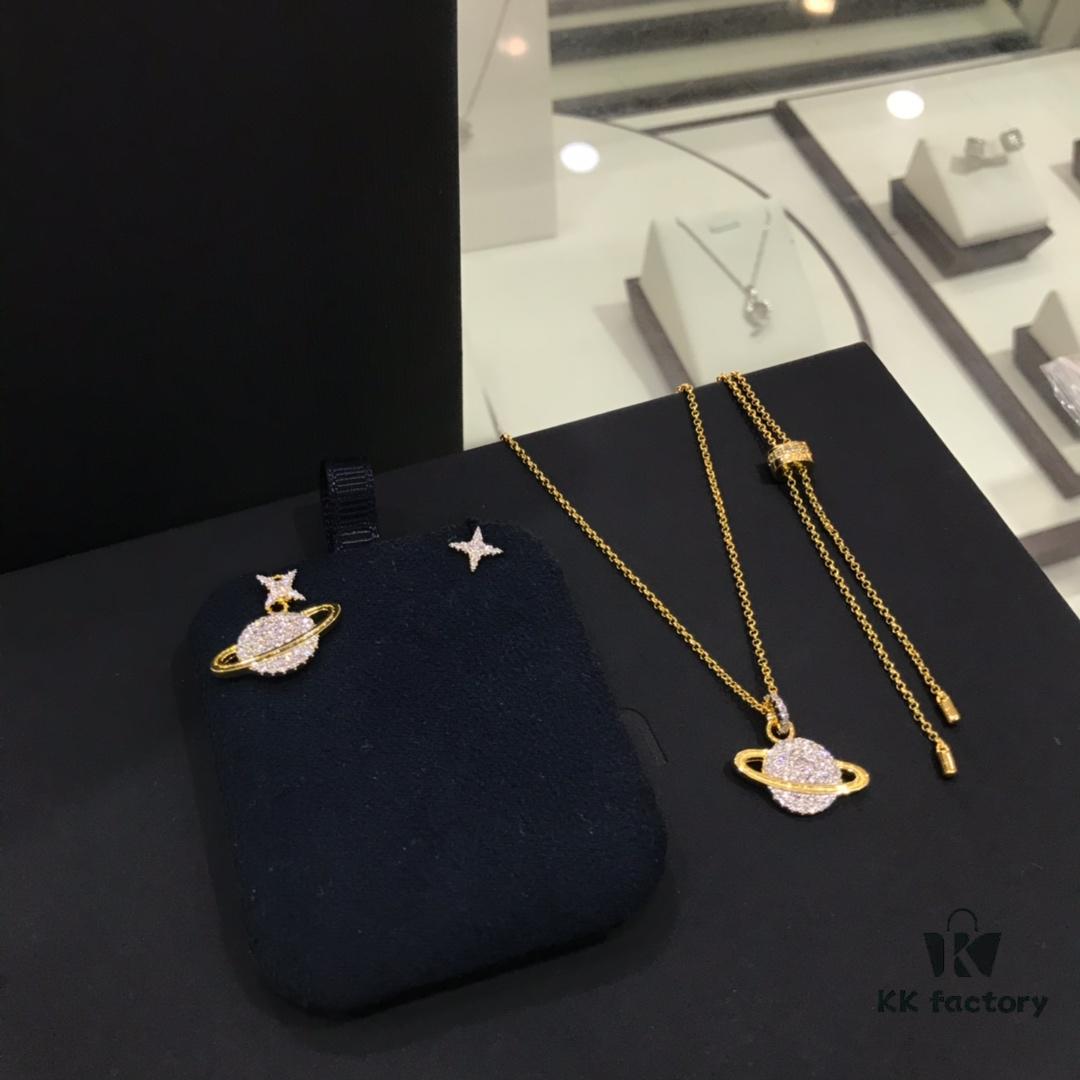 APM Monaco Cosmic Collection Saturn Planet Gold-Tone Stud Earrings and Necklace with Rhinestones, Stylish and Versatile