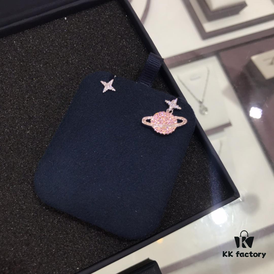 APM Monaco Cosmic Collection Saturn Planet Pink Stud Earrings and Necklace, Rhinestone, Stylish and Versatile