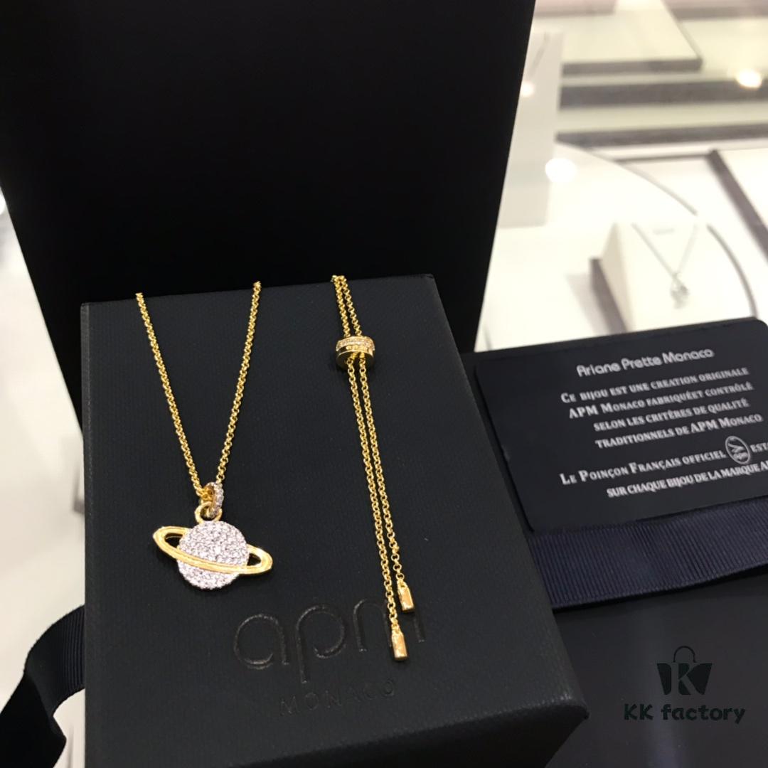 APM Monaco Cosmic Collection Saturn Planet Gold-Tone Stud Earrings and Necklace with Rhinestones, Stylish and Versatile