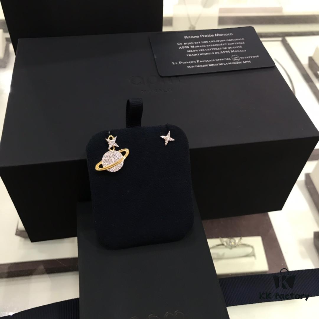 APM Monaco Cosmic Collection Saturn Planet Gold-Tone Stud Earrings and Necklace with Rhinestones, Stylish and Versatile