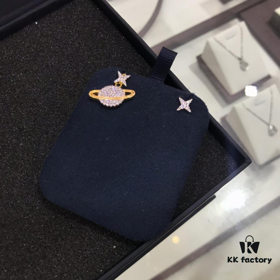 APM Monaco Cosmic Collection Saturn Planet Gold-Tone Stud Earrings and Necklace with Rhinestones, Stylish and Versatile