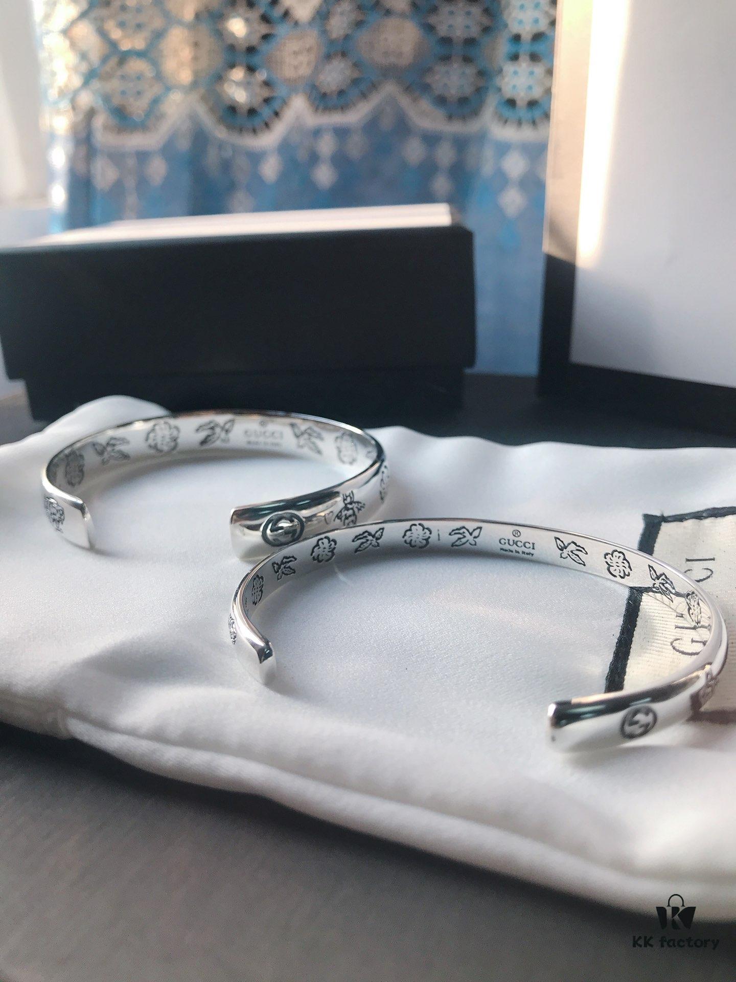 Gucci Blind for Love Collection 925 Sterling Silver Bracelet with Floral, Bird, Tiger Head, Eye and Heart Motifs