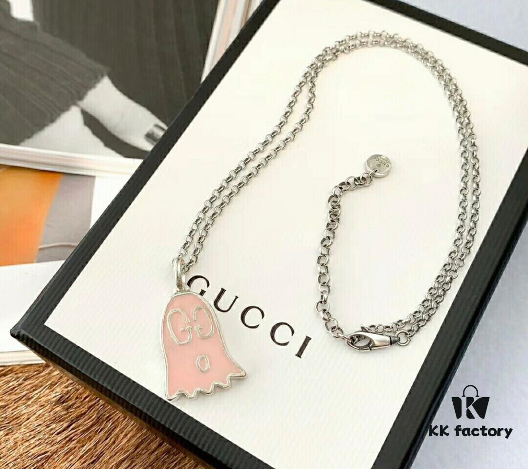 Gucci Ghost Pink Enamel Pendant, Comes with Accessory Box and Dust Bag, Includes 925 Silver Chain, Reversible Design, Excellent Condition, Rare Color from Official Stores, Logo Features the Ghost's Eyes, Soft Pink Tone, Subtle Without Oversized G Logo, Stylish and Versatile Design