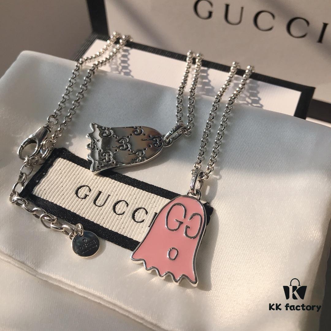 Gucci Ghost Pink Enamel Pendant, Comes with Accessory Box and Dust Bag, Includes 925 Silver Chain, Reversible Design, Excellent Condition, Rare Color from Official Stores, Logo Features the Ghost's Eyes, Soft Pink Tone, Subtle Without Oversized G Logo, Stylish and Versatile Design