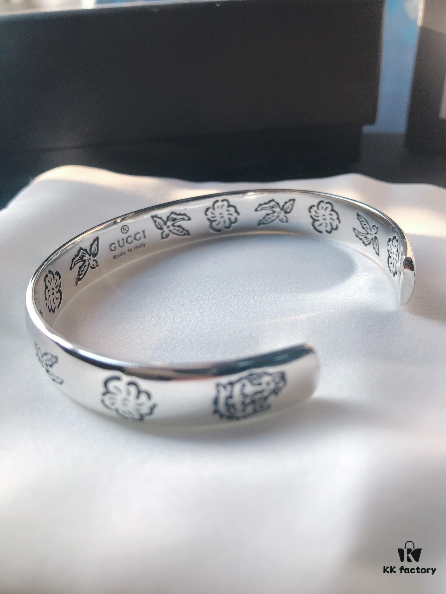 Gucci Blind for Love Collection 925 Sterling Silver Bracelet with Floral, Bird, Tiger Head, Eye and Heart Motifs