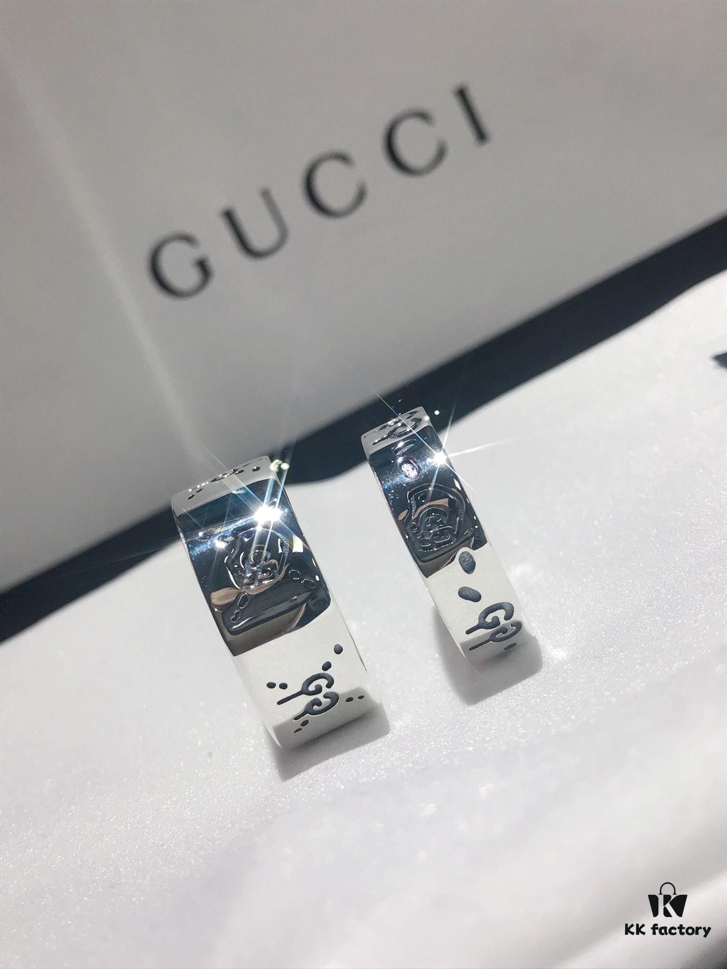 Gucci Ghost Sterling Silver Ring Series, Gucci Lip Print Skull Unisex Couple Ring, S925 Pure Silver (Not Plated), Official Store Latest Gift Box Packaging
