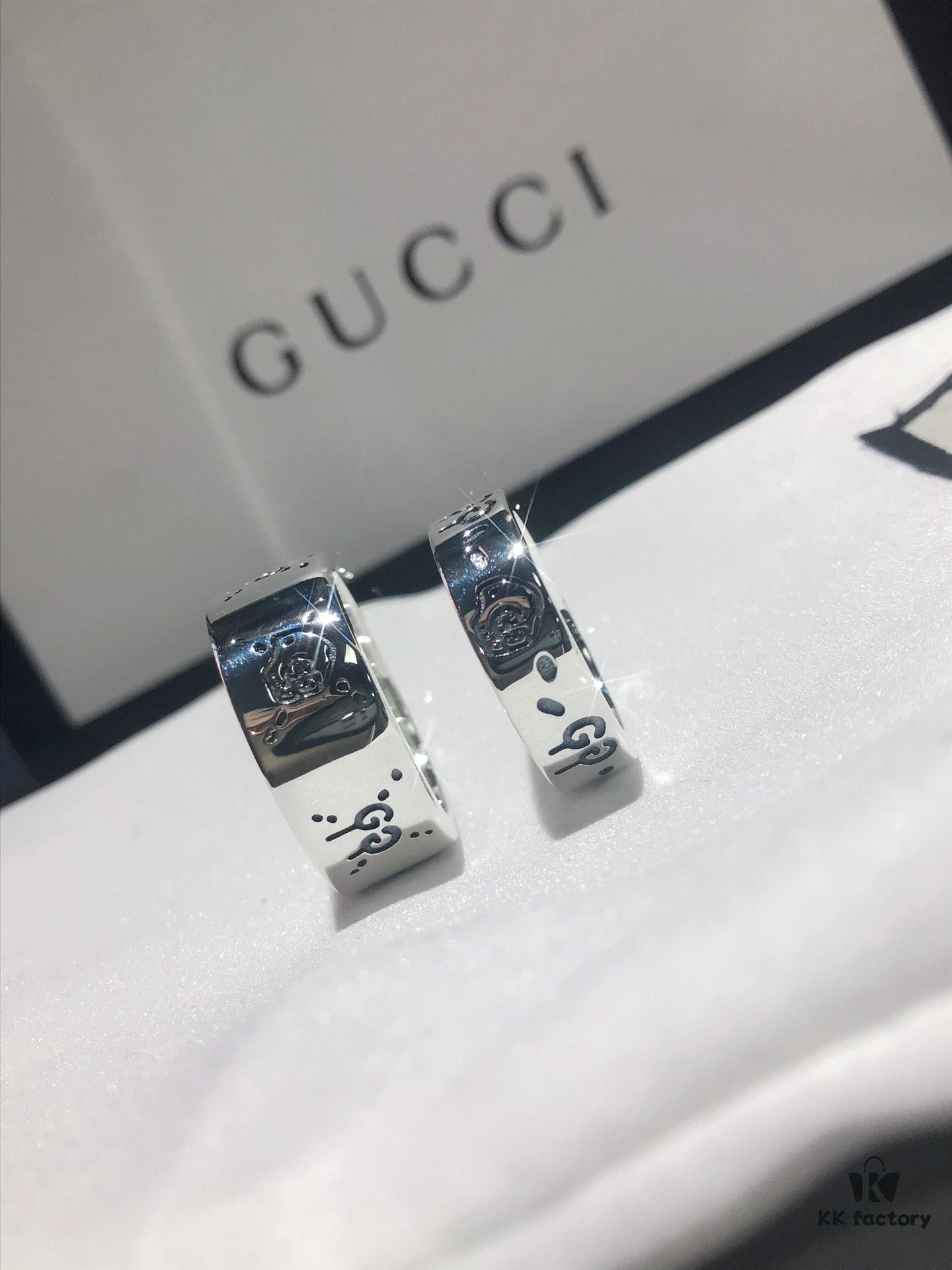 Gucci Ghost Sterling Silver Ring Series, Gucci Lip Print Skull Unisex Couple Ring, S925 Pure Silver (Not Plated), Official Store Latest Gift Box Packaging