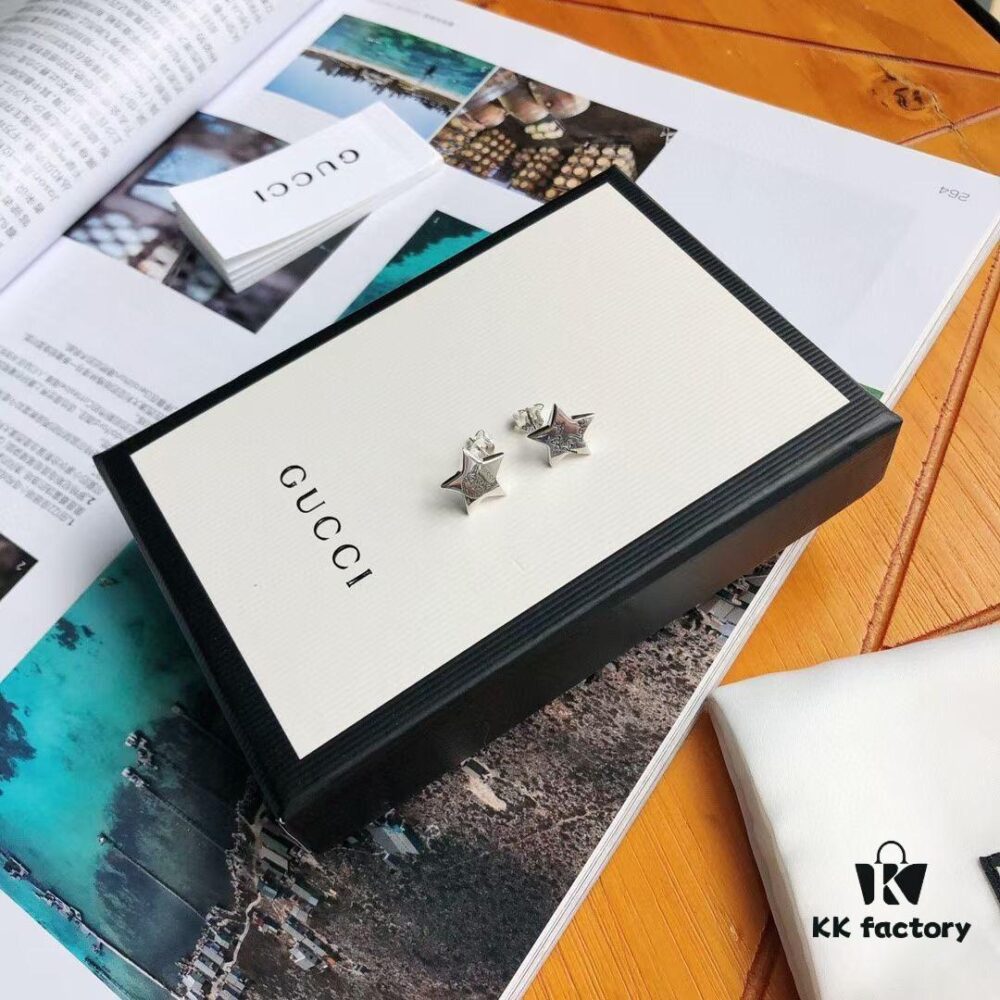 Exclusive Launch! Five-pointed Star ✨🌟 Finally Available! Original Custom Gucci Blind For Love Sterling Silver Earrings, Heart-shaped Silver Studs Engraved with Iconic Gucci Motifs Including Eyes, Hearts, and the Phrase 'Blind For Love', Unisex Design Perfect as Couple's Jewelry, Ideal for Gifting or Personal Use!