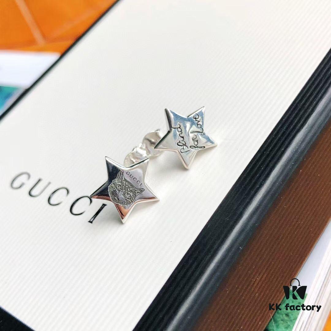 Exclusive Launch! Five-pointed Star ✨🌟 Finally Available! Original Custom Gucci Blind For Love Sterling Silver Earrings, Heart-shaped Silver Studs Engraved with Iconic Gucci Motifs Including Eyes, Hearts, and the Phrase 'Blind For Love', Unisex Design Perfect as Couple's Jewelry, Ideal for Gifting or Personal Use!