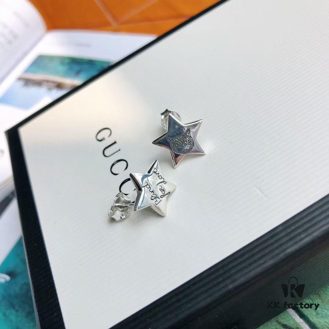 Exclusive Launch! Five-pointed Star ✨🌟 Finally Available! Original Custom Gucci Blind For Love Sterling Silver Earrings, Heart-shaped Silver Studs Engraved with Iconic Gucci Motifs Including Eyes, Hearts, and the Phrase 'Blind For Love', Unisex Design Perfect as Couple's Jewelry, Ideal for Gifting or Personal Use!