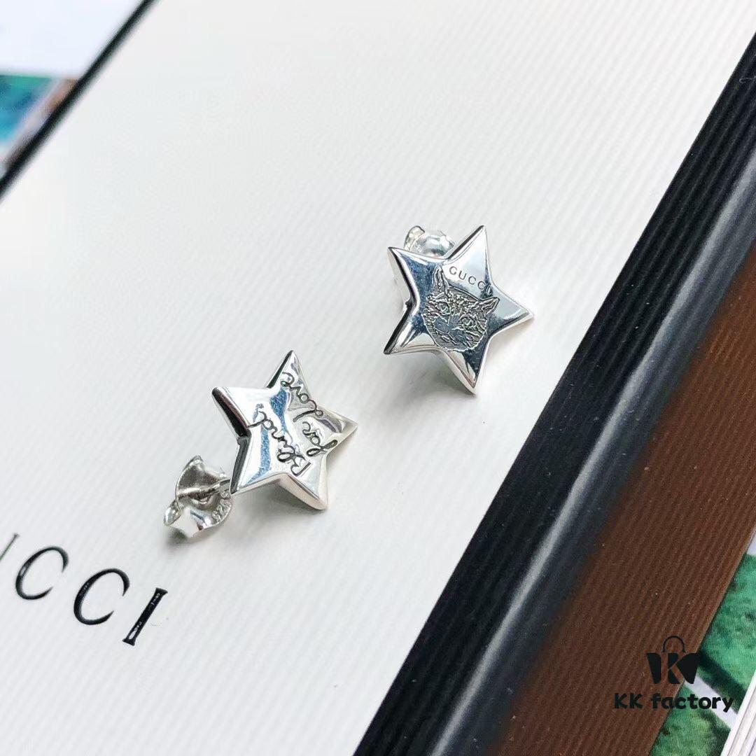 Exclusive Launch! Five-pointed Star ✨🌟 Finally Available! Original Custom Gucci Blind For Love Sterling Silver Earrings, Heart-shaped Silver Studs Engraved with Iconic Gucci Motifs Including Eyes, Hearts, and the Phrase 'Blind For Love', Unisex Design Perfect as Couple's Jewelry, Ideal for Gifting or Personal Use!