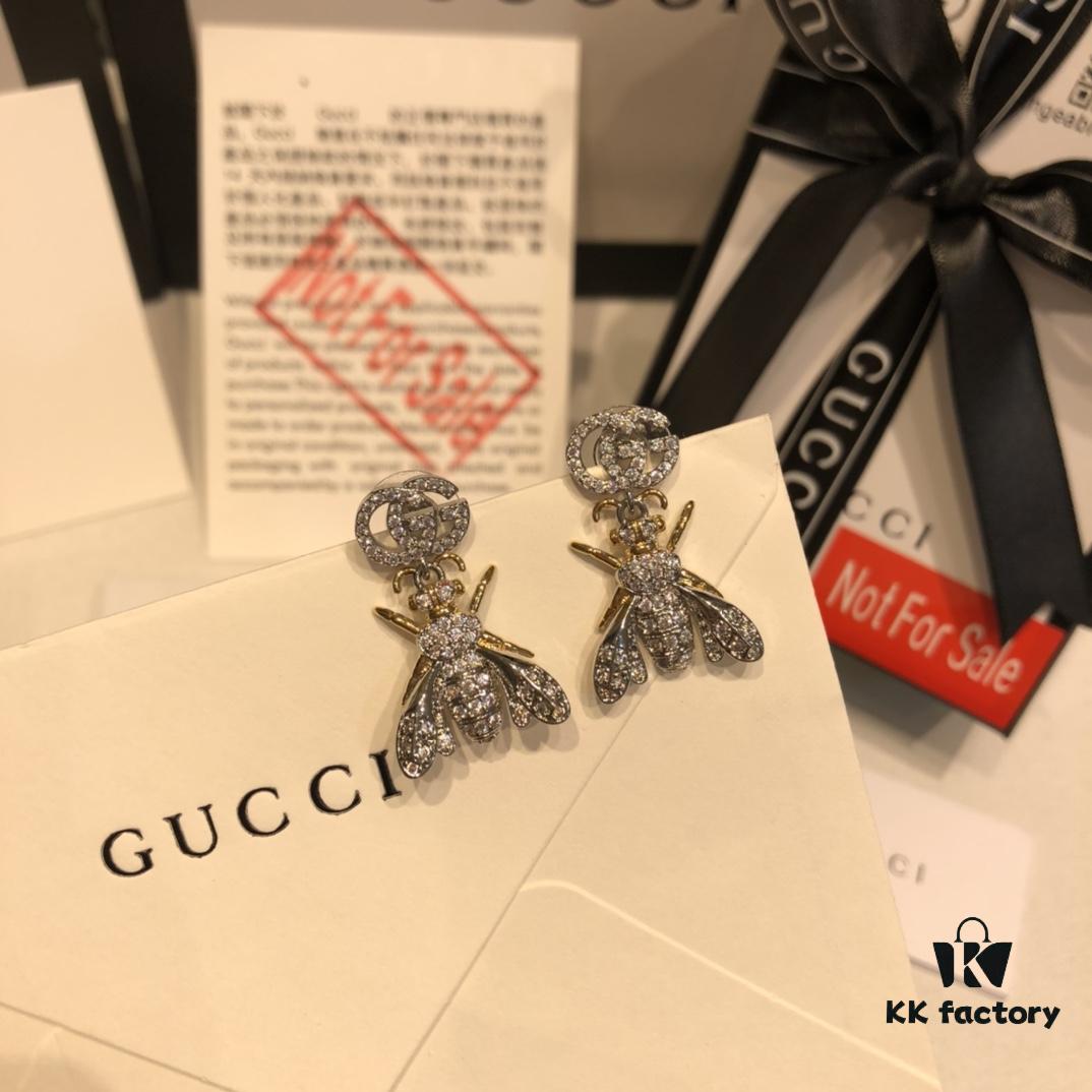 GUCCI Full Diamond Double G Bee Stud Earrings
