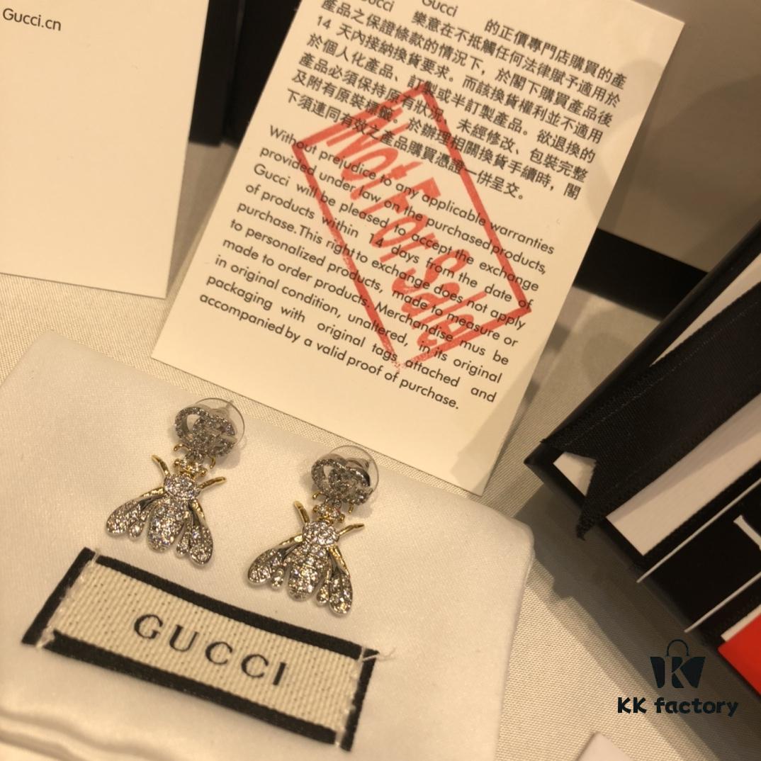 GUCCI Full Diamond Double G Bee Stud Earrings