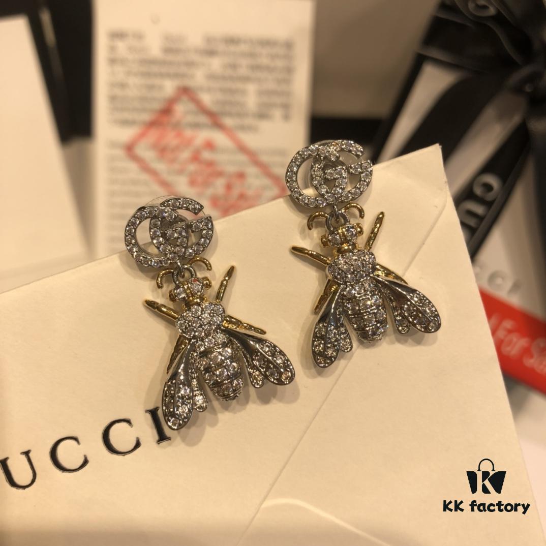 GUCCI Full Diamond Double G Bee Stud Earrings