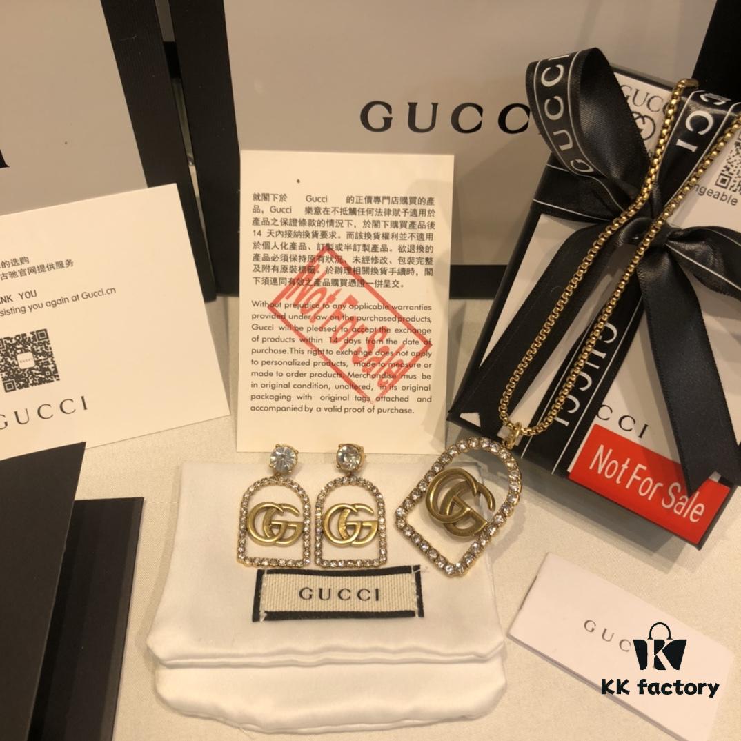 GUCCI Diamond-Paved Double G Set Necklace and Stud Earrings