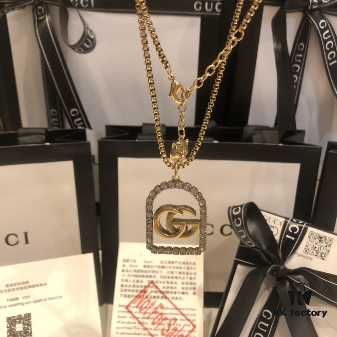 GUCCI Diamond-Paved Double G Set Necklace and Stud Earrings