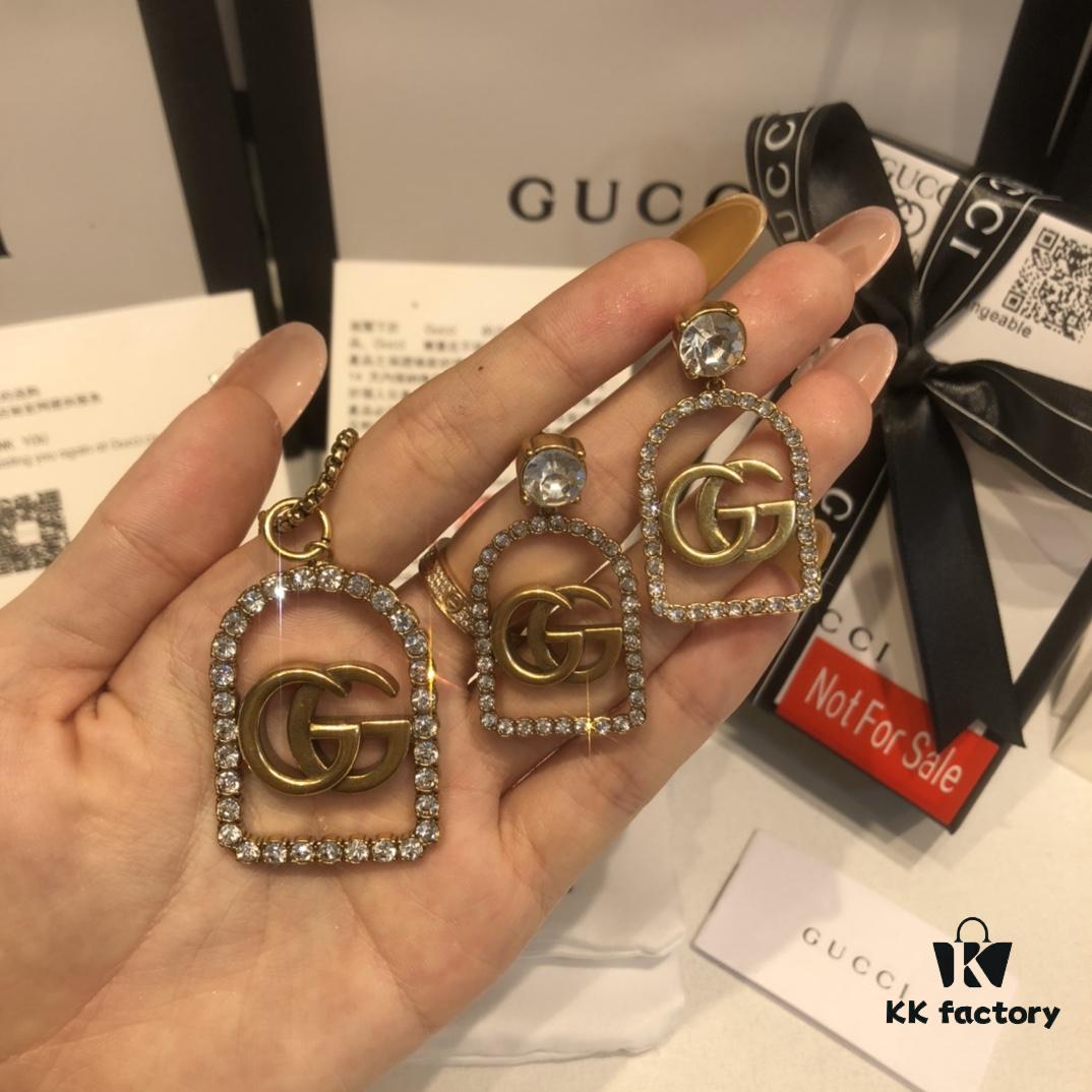 GUCCI Diamond-Paved Double G Set Necklace and Stud Earrings