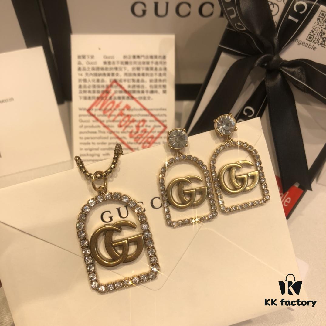 GUCCI Diamond-Paved Double G Set Necklace and Stud Earrings