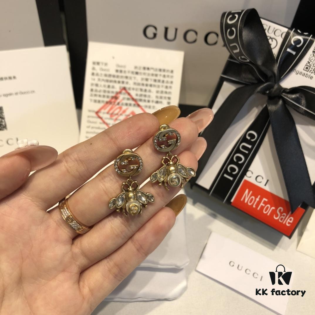 GUCCI Diamond-Paved Double G Pearl Bee Stud Earrings