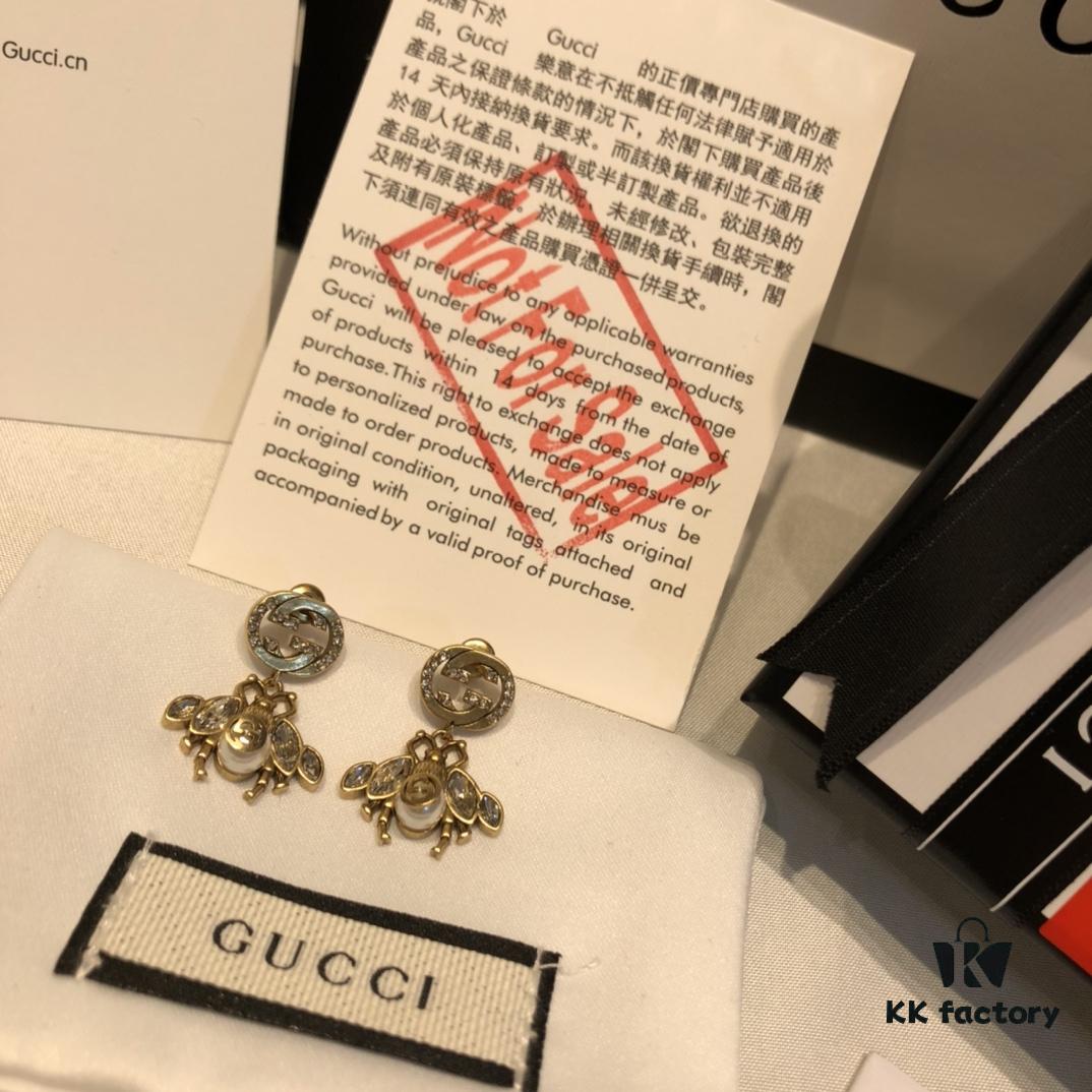 GUCCI Diamond-Paved Double G Pearl Bee Stud Earrings