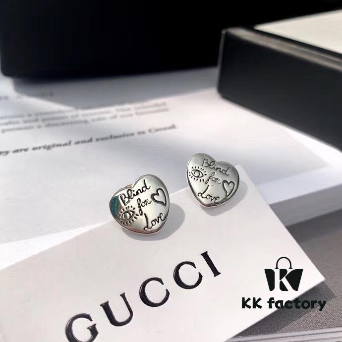 Exclusive Launch! Now Available! Authentic Custom Gucci Blind For Love Pure Silver Earrings, Heart-shaped Silver Studs Engraved with Iconic Gucci Motifs Including Eyes, Hearts, and the Phrase 'Blind For Love', Unisex Design Perfect for Couples, Comes with Full Packaging, Ideal as a Gift or for Personal Use!
