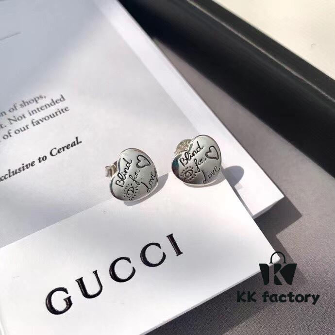 Exclusive Launch! Now Available! Authentic Custom Gucci Blind For Love Pure Silver Earrings, Heart-shaped Silver Studs Engraved with Iconic Gucci Motifs Including Eyes, Hearts, and the Phrase 'Blind For Love', Unisex Design Perfect for Couples, Comes with Full Packaging, Ideal as a Gift or for Personal Use!